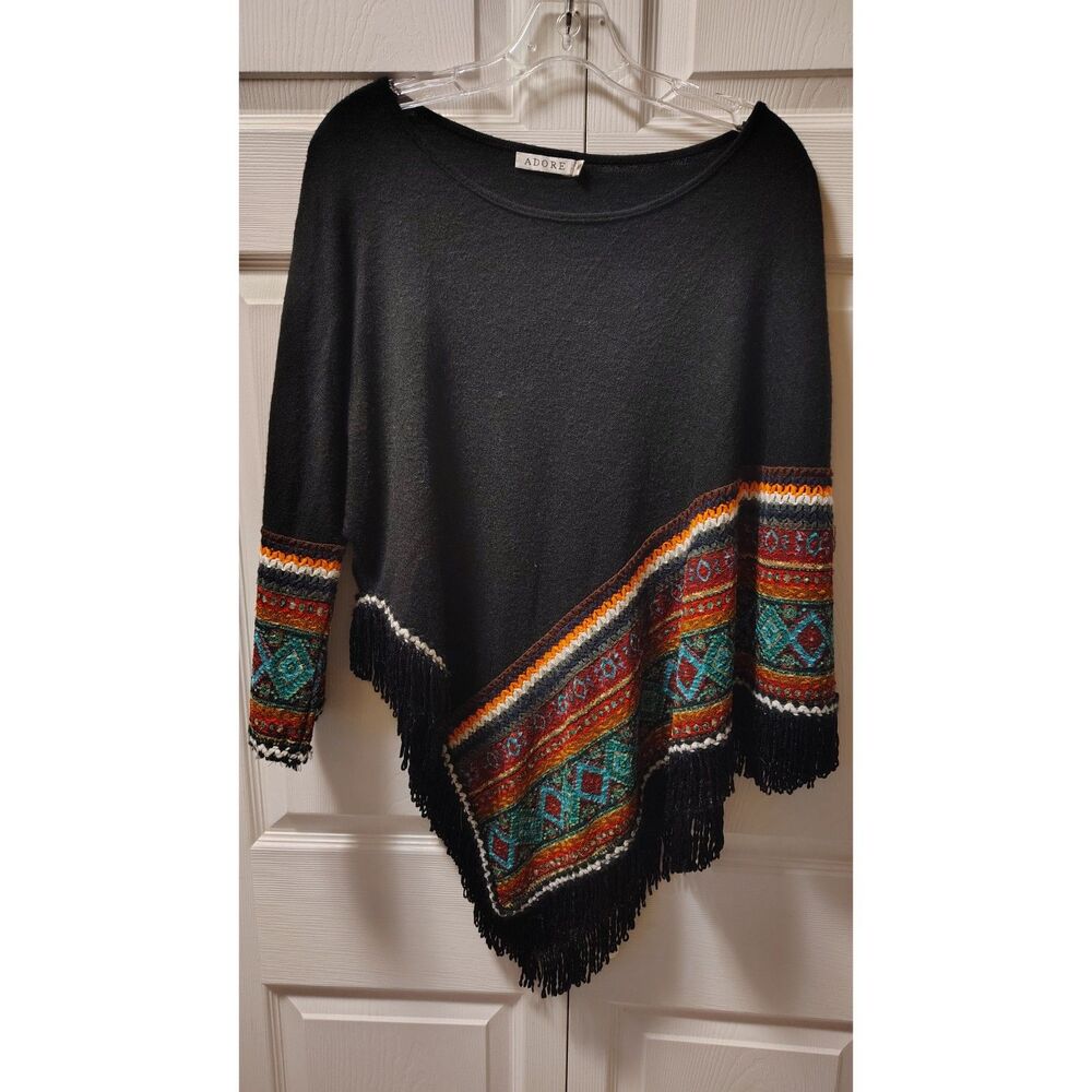 Adore Black Aztec Geometric Knit Fringe Asymmetrical Poncho Sweater - Size M